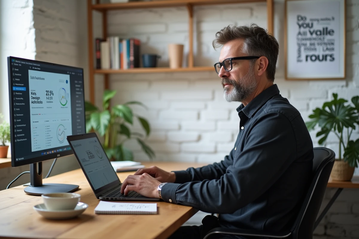 Entrepreneur masculin travaillant seul sur son ordinateur portable avec des indicateurs de performance affichés dans un espace de travail minimaliste