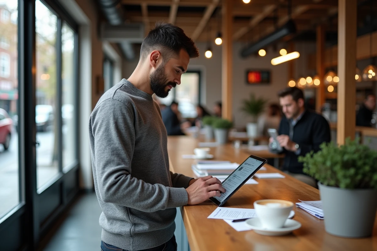 Entrepreneur consultant une veille marketing sur tablette dans un espace de co-working moderne