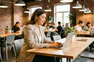 Entrepreneuse travaillant dans un espace de coworking à Montauban avec un ordinateur portable sur un bureau en bois partagé