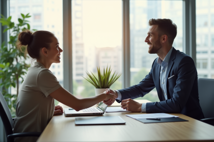 Entretien d emploi dans un bureau lumineux avec poignée de main