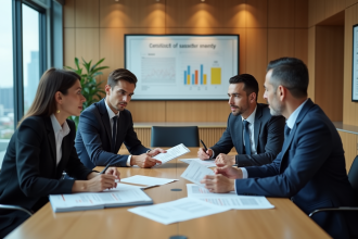 Groupe de professionnels en réunion dans une salle moderne