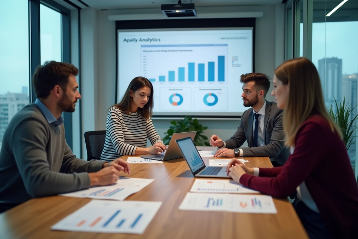 Équipe de professionnels analysant des rapports de performance et des tableaux de bord numériques autour d'une table de réunion en bois