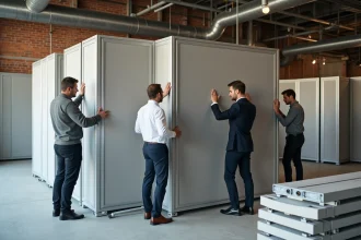 Groupe de professionnels assemblant des murs modulaires dans un bureau industriel