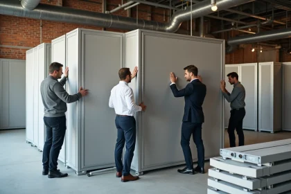 Groupe de professionnels assemblant des murs modulaires dans un bureau industriel