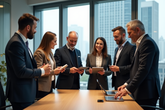 Groupe de professionnels en réunion dans un bureau moderne