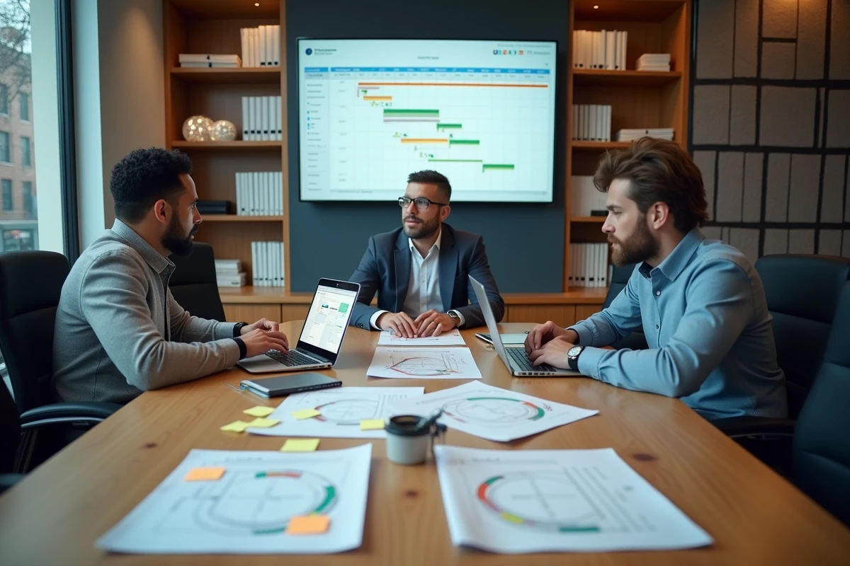 Équipe de cabinet en réunion autour d'un tableau de planification centralisé avec agendas et ressources partagées