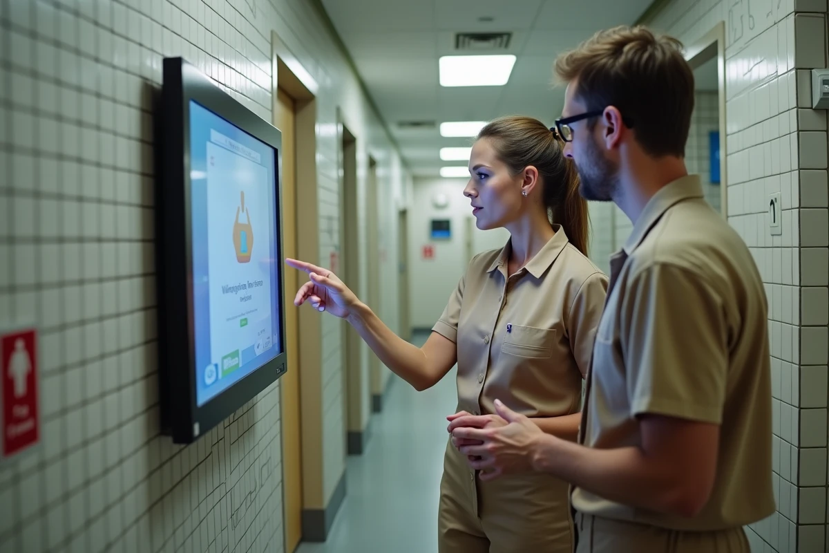 Deux employés de boulangerie découvrant ensemble les nouveaux outils intranet sur un terminal tactile mural en couloir