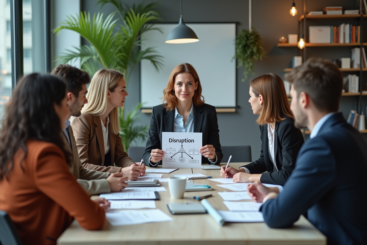 Groupe de professionnels en réunion discussion disruption