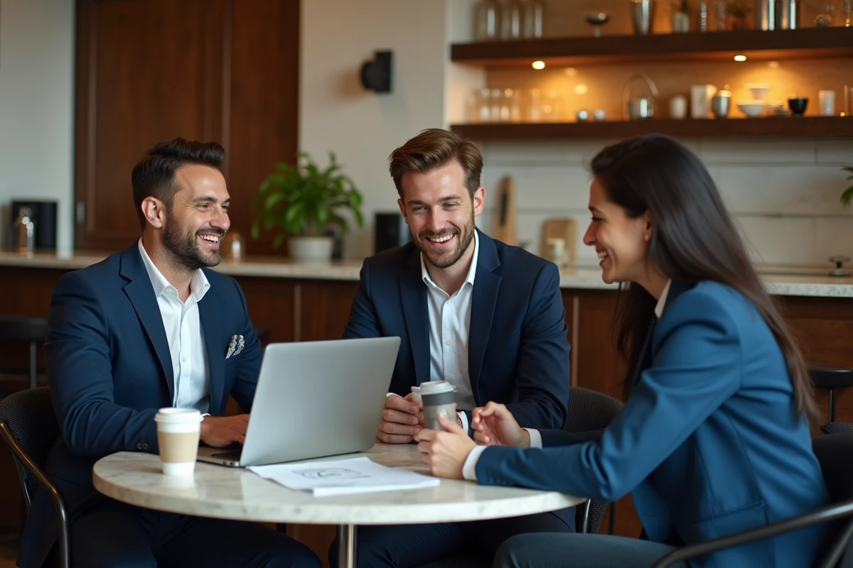 Équipe de professionnels discutant d'une offre premium de niche autour d'un café dans un environnement haut de gamme