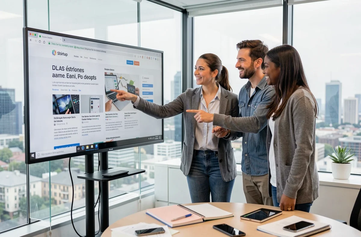 Équipe de fondateurs de startups analysant ensemble le contenu d'un blog dédié au développement entrepreneurial sur un grand écran de bureau