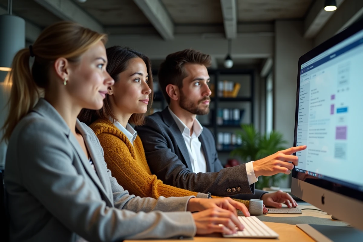 Une équipe de collaborateurs examine ensemble une plateforme de gestion des bulletins de paie dématérialisés en entreprise