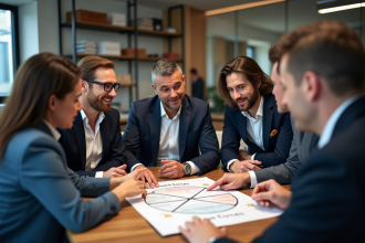 Groupe de professionnels analysant un diagramme Porter’s Five Forces