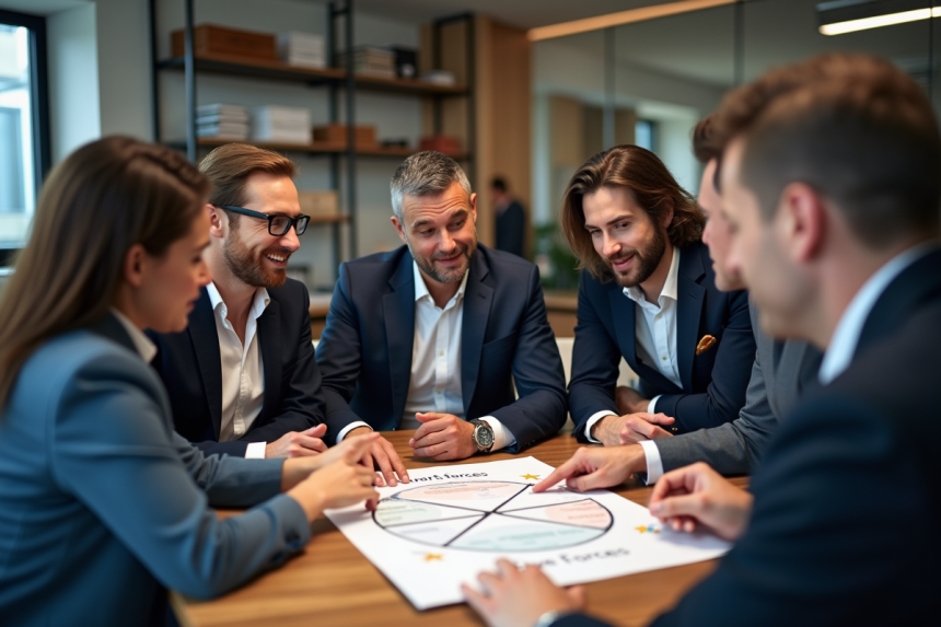 Groupe de professionnels analysant un diagramme Porter’s Five Forces