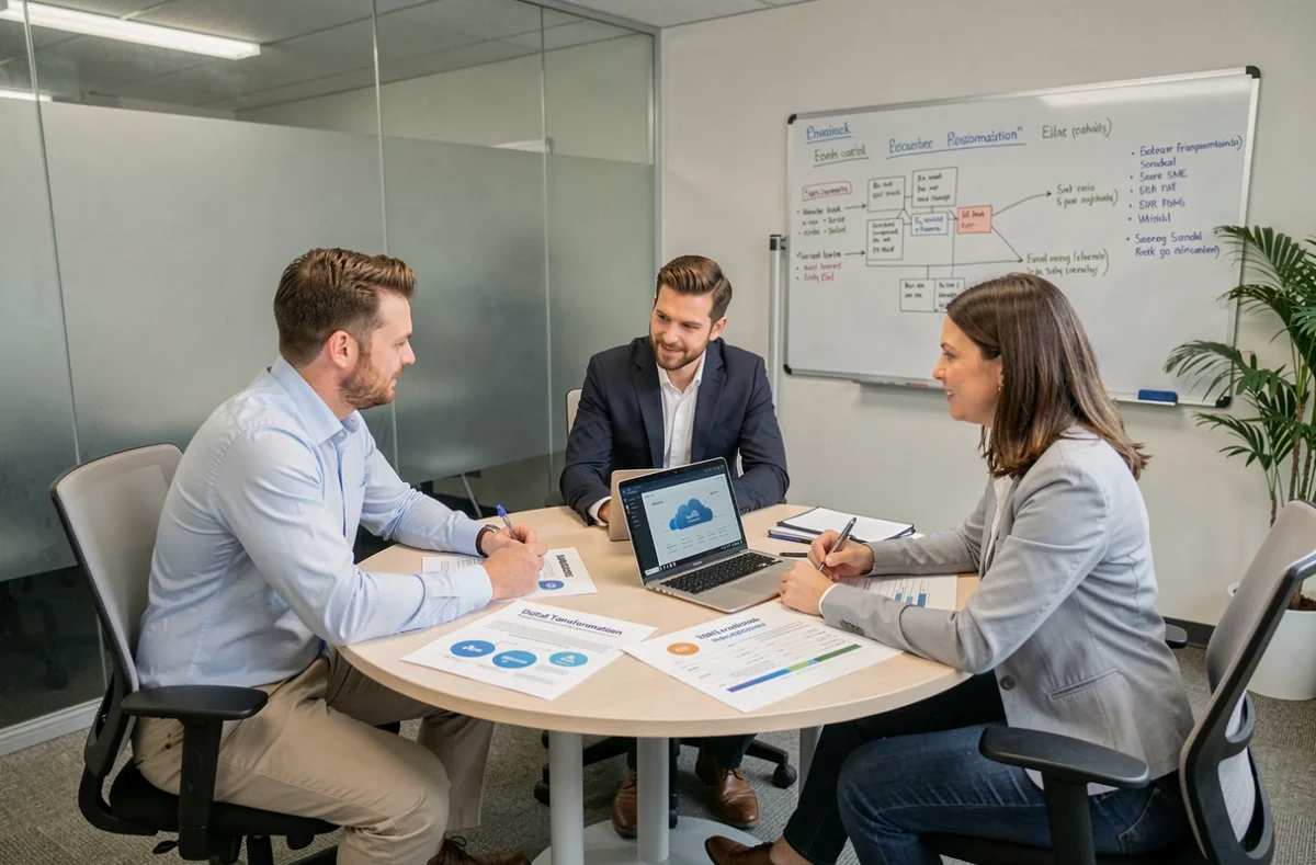 Équipe de PME en réunion stratégique autour d'une feuille de route de transformation numérique, illustrant une digitalisation collaborative et sans risque