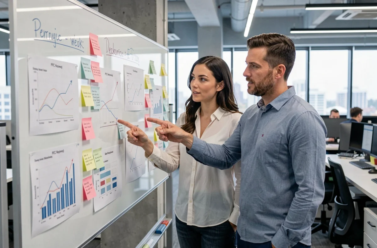Équipe de PME collaborant sur une stratégie de publicité Pay Per Click devant un tableau de travail