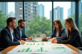 Équipe de professionnels collaborant sur une feuille de route RSE autour d'une table de réunion avec des documents de transition écologique