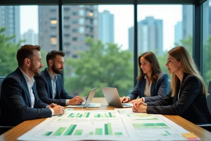 Équipe de professionnels collaborant sur une feuille de route RSE autour d'une table de réunion avec des documents de transition écologique