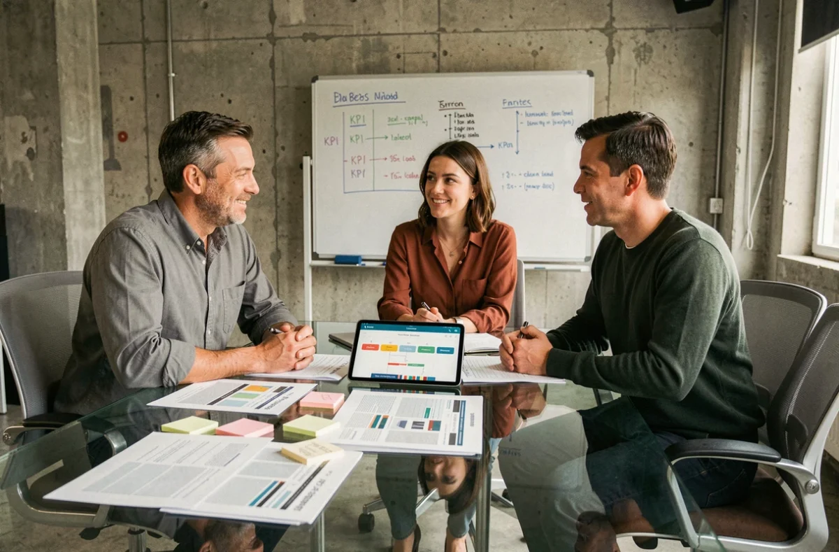 Équipe de professionnels en réunion autour d'un tableau de suivi de projet pour améliorer la rentabilité