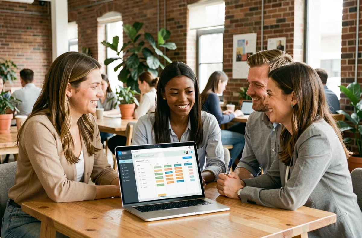 Équipe RH mixte collaborant autour d'un ordinateur portable avec un tableau de bord de gestion des plannings dans un espace de coworking moderne