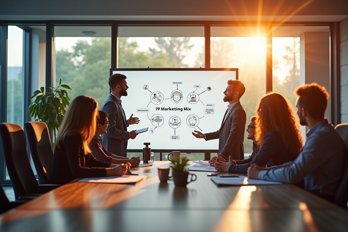 Equipe créative en réunion avec tableau blanc et diagrammes