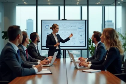 Groupe de professionnels en r&eacute;union strat&eacute;gie transformation