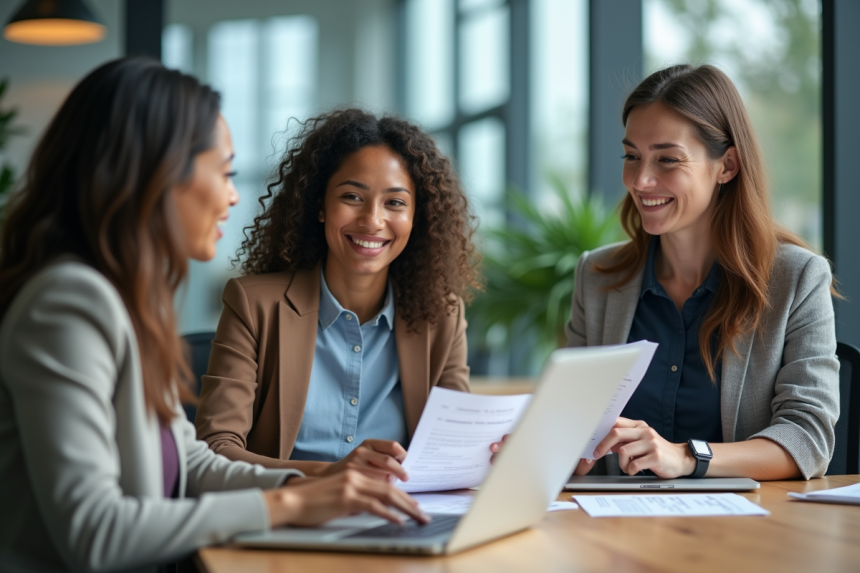 Trois collègues divers discutent autour d'une table moderne