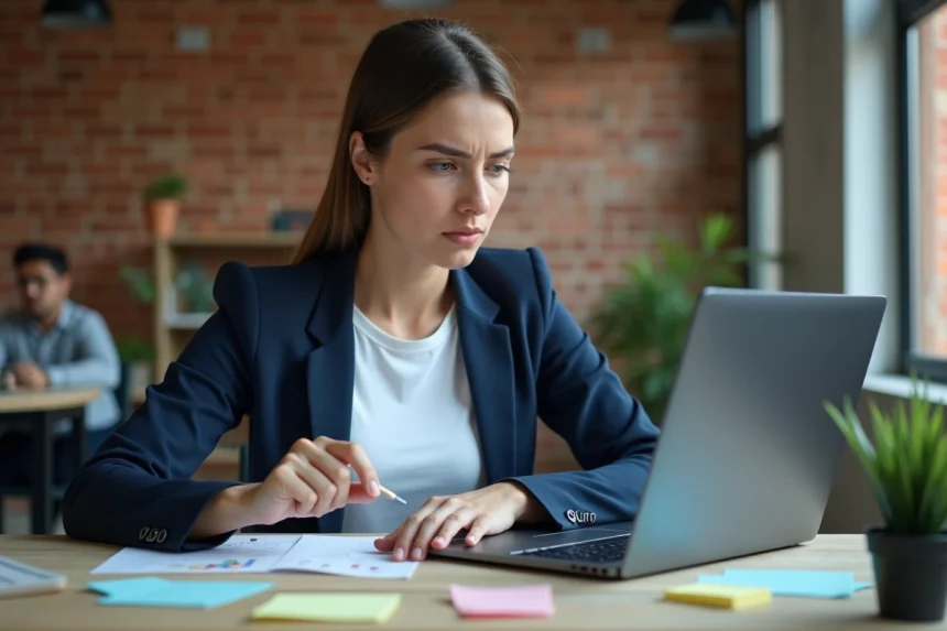 Jeune femme entrepreneur frustrée devant son ordinateur portable dans un espace de co-working, entourée de notes autocollantes illustrant les erreurs de lancement sur une plateforme startup