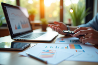 Espace de travail créatif avec ordinateur et graphiques marketing