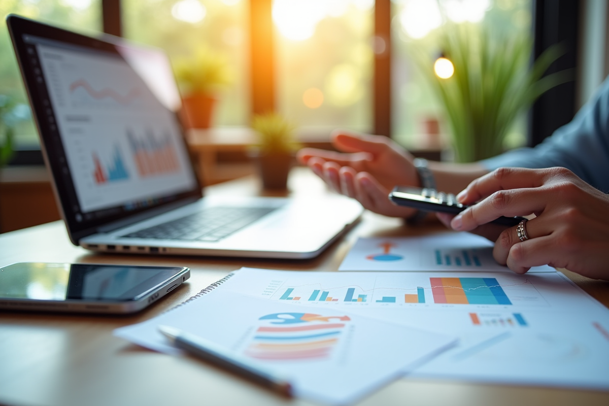 Espace de travail créatif avec ordinateur et graphiques marketing