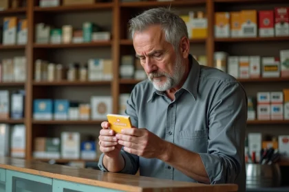 Un homme examine attentivement un paquet de cigarettes dans un bureau de tabac pour détecter une éventuelle contrefaçon