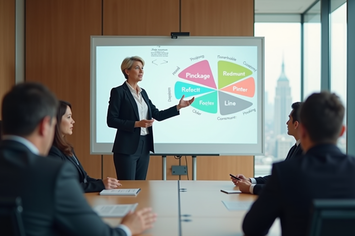 Directrice expliquant le modèle Porter’s Five Forces en réunion