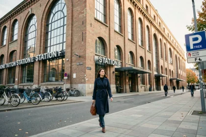 Façade extérieure du campus Station F à Paris 13e avec une jeune femme marchant sur le trottoir