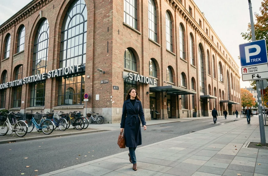 Façade extérieure du campus Station F à Paris 13e avec une jeune femme marchant sur le trottoir