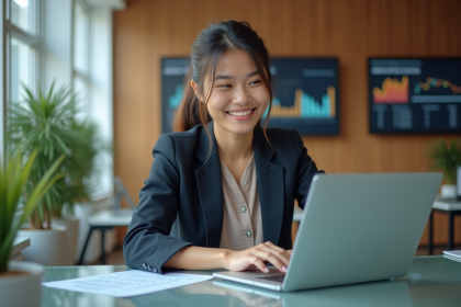 Jeune femme d'affaires analysant des données dans un bureau lumineux