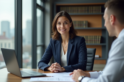 Femme d'affaires en costume dans un bureau moderne