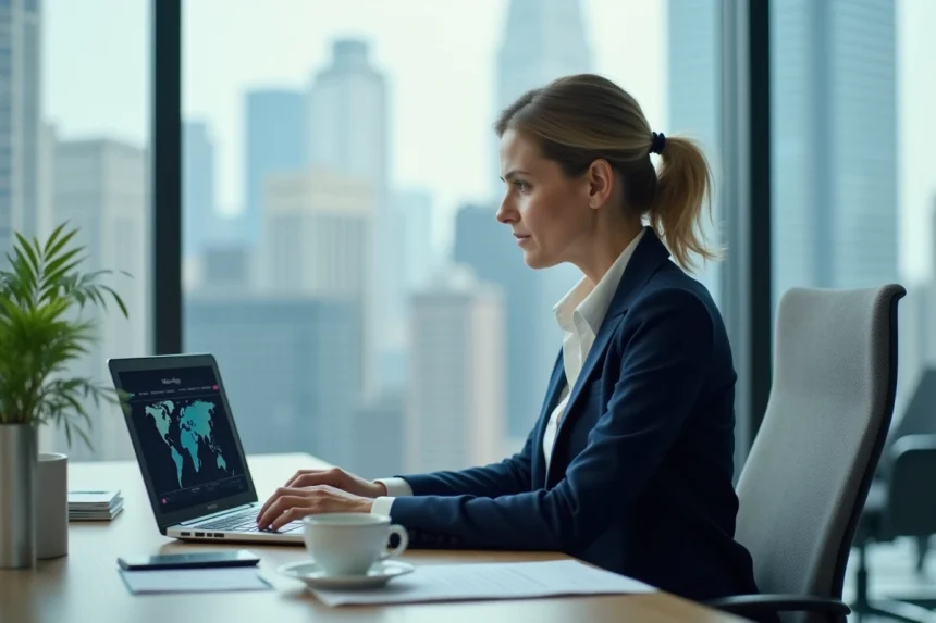 Femme d'affaires professionnelle consultant des documents d'exportation internationale dans un bureau moderne avec vue sur la ville