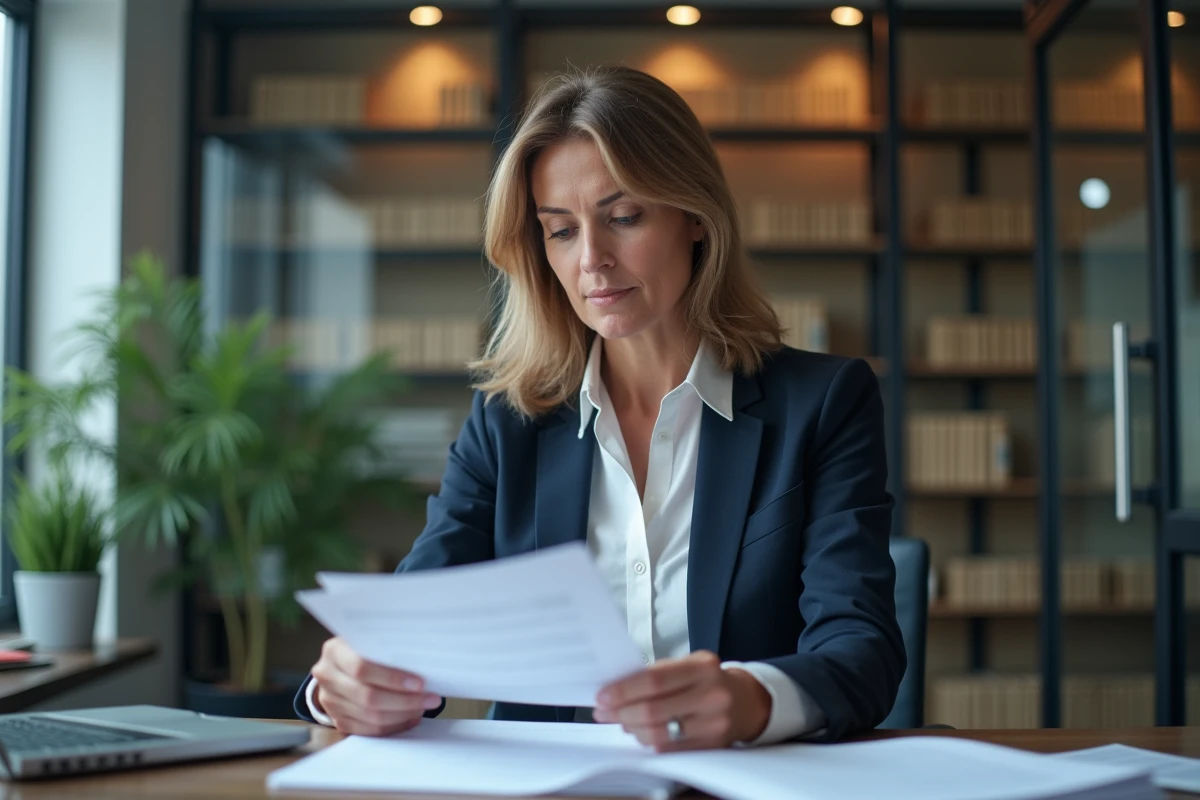 Femme d affaires française en bureau moderne lisant documents