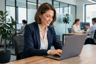 Femme d'affaires utilisant une plateforme B2B en ligne pour trouver des clients professionnels depuis son bureau moderne
