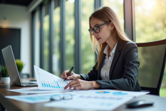 Jeune femme professionnelle analysant des graphiques financiers