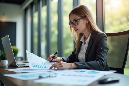 Jeune femme professionnelle analysant des graphiques financiers