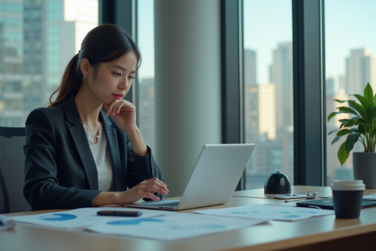 Femme d affaires analysant des données marketing sur une tablette