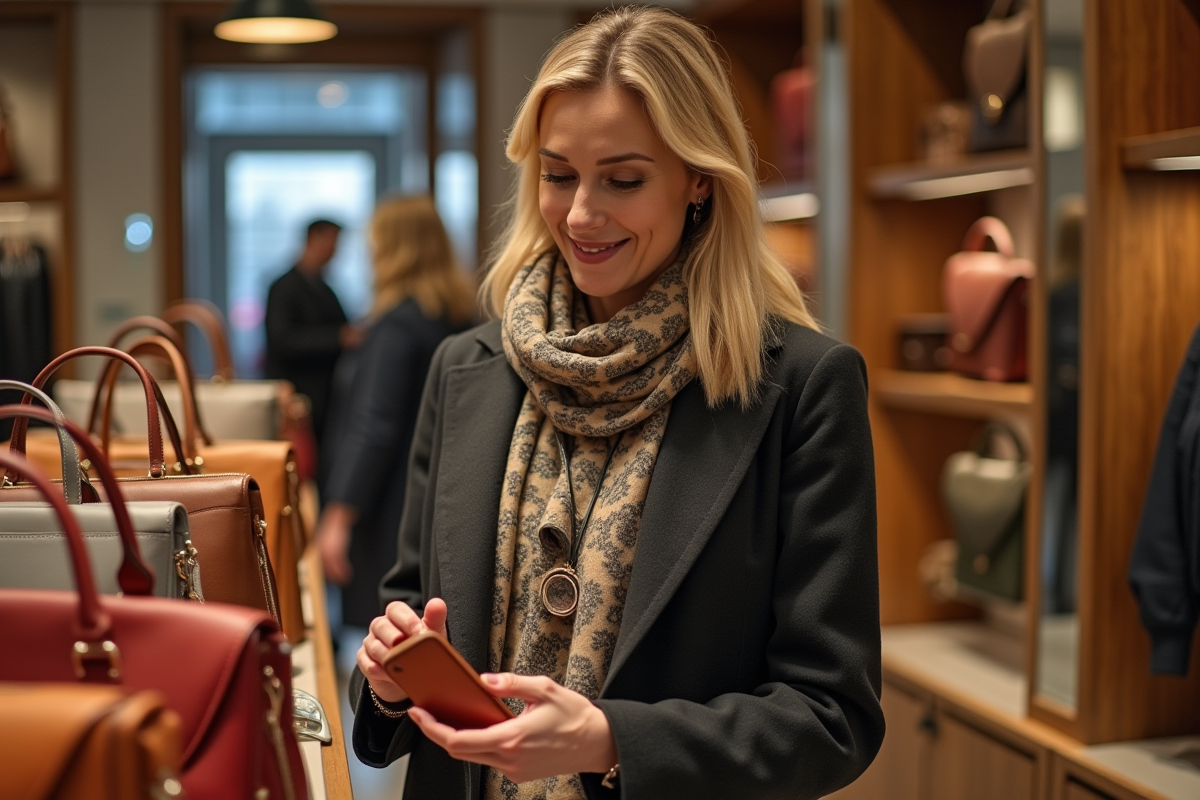Femme examinant un sac en cuir dans une boutique élégante
