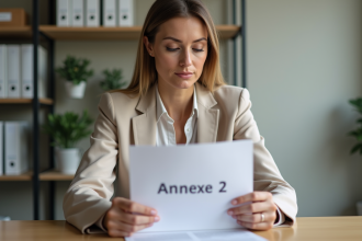 Femme en bureau étudiant un document Annexe 2