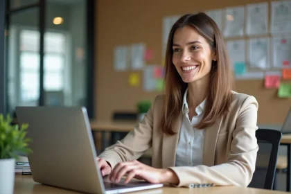 Femme professionnelle travaillant sur un ordinateur dans un bureau moderne