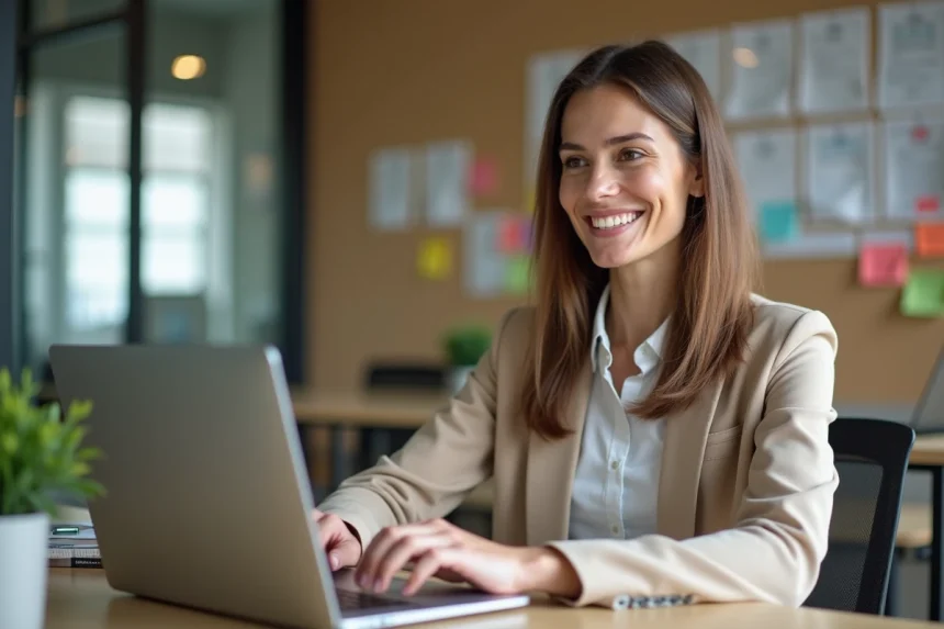 Femme professionnelle travaillant sur un ordinateur dans un bureau moderne
