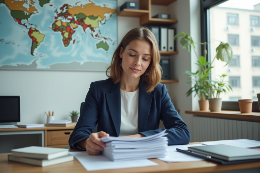 Femme en bureau lisant des documents avec concentration