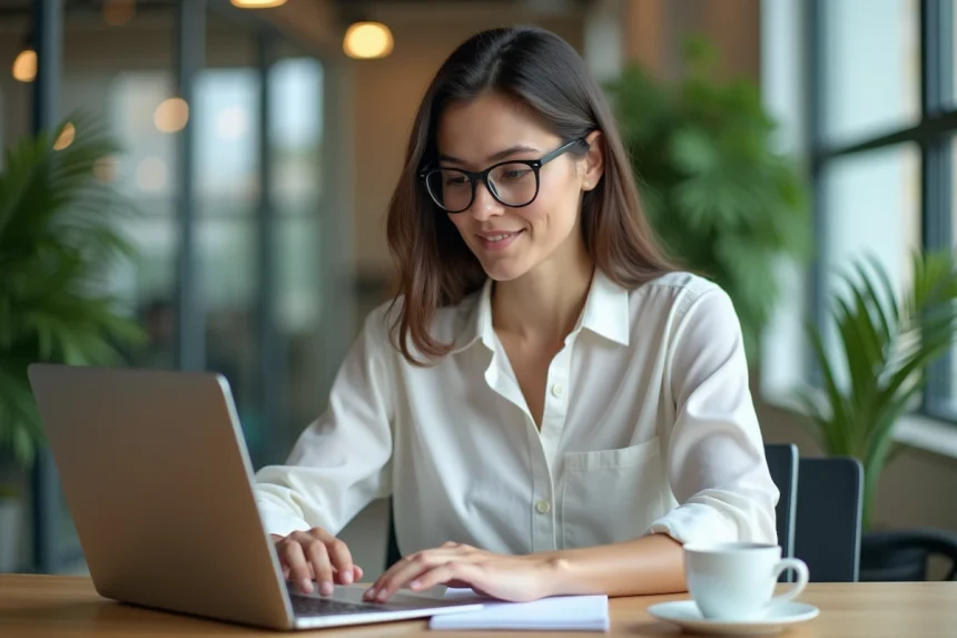 Femme au bureau utilisant un ordinateur portable pour la gestion de projets