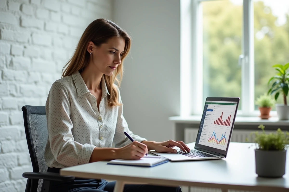 Femme confiante travaillant sur son ordinateur dans un bureau &agrave; domicile