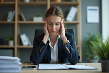 Femme d'affaires se massant les tempes dans un bureau