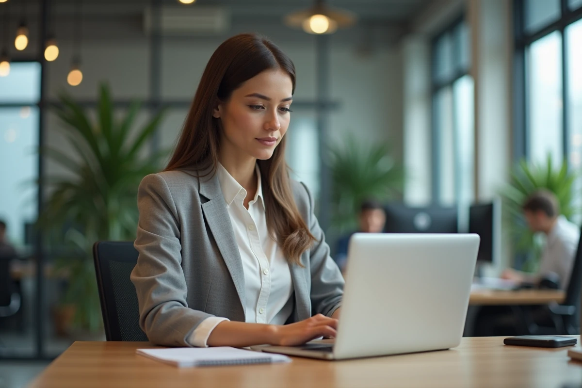 Femme en bureau moderne travaillant sur son ordinateur portable